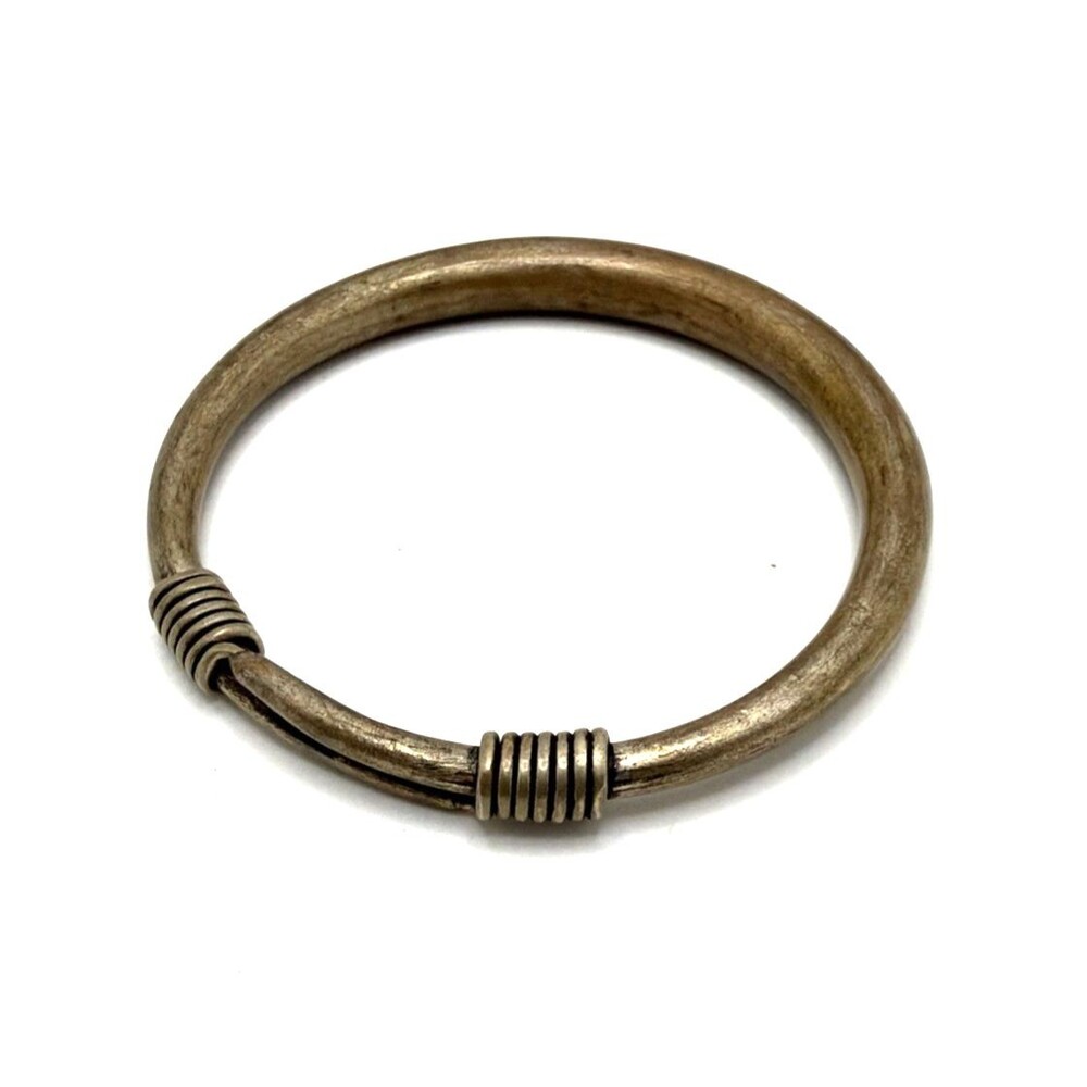 Vintage Tribal Brutalist Oxidized Silver Tone Metal Heavy Bangle Bracelet 7.85"